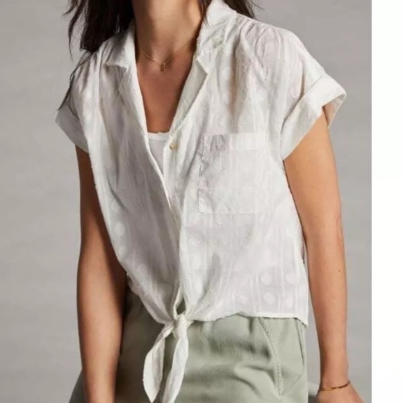 Pilcro Anthropologie White The Cami Surf Blouse Woven 100%Cotton Sheer Large - Picture 1 of 17